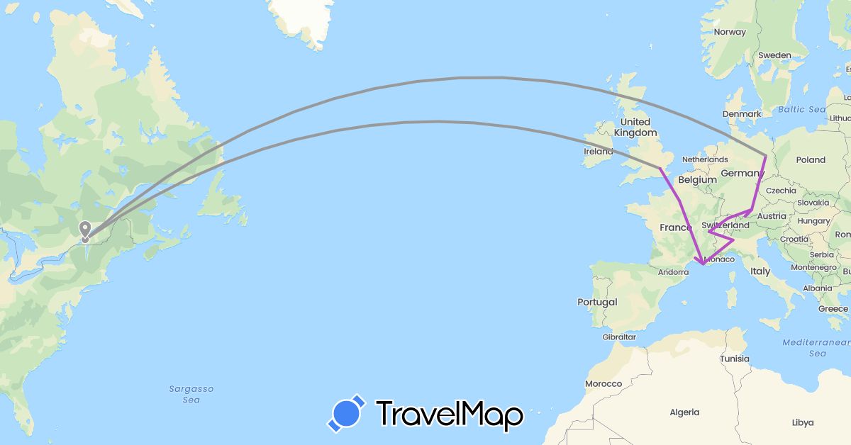 TravelMap itinerary: driving, plane, train in Canada, Switzerland, Germany, France, United Kingdom, Italy (Europe, North America)